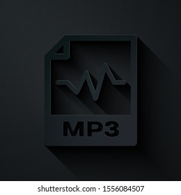 Paper cut MP3 file document. Download mp3 button icon isolated on black background. Mp3 music format sign. MP3 file symbol. Paper art style. Vector Illustration