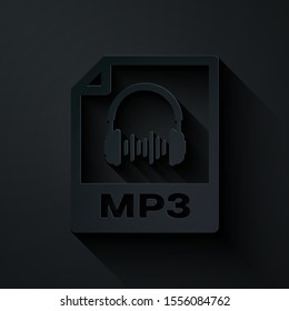 Paper cut MP3 file document. Download mp3 button icon isolated on black background. Mp3 music format sign. MP3 file symbol. Paper art style. Vector Illustration