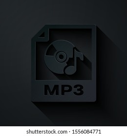 Paper cut MP3 file document. Download mp3 button icon isolated on black background. Mp3 music format sign. MP3 file symbol. Paper art style. Vector Illustration