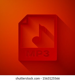 Paper cut MP3 file document. Download mp3 button icon isolated on red background. Mp3 music format sign. MP3 file symbol. Paper art style. Vector Illustration