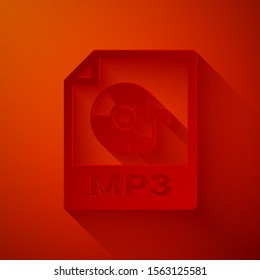 Paper cut MP3 file document. Download mp3 button icon isolated on red background. Mp3 music format sign. MP3 file symbol. Paper art style. Vector Illustration