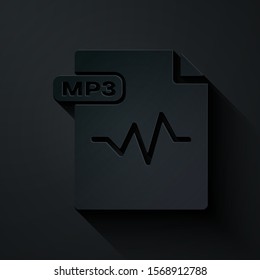 Paper cut MP3 file document. Download mp3 button icon isolated on black background. Mp3 music format sign. MP3 file symbol. Paper art style. Vector Illustration