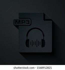 Paper cut MP3 file document. Download mp3 button icon isolated on black background. Mp3 music format sign. MP3 file symbol. Paper art style. Vector Illustration