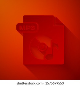 Paper cut MP3 file document. Download mp3 button icon isolated on red background. Mp3 music format sign. MP3 file symbol. Paper art style. Vector Illustration