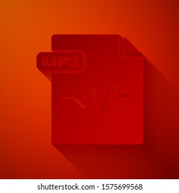 Paper cut MP3 file document. Download mp3 button icon isolated on red background. Mp3 music format sign. MP3 file symbol. Paper art style. Vector Illustration
