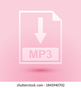 Paper cut MP3 file document icon. Download MP3 button icon isolated on pink background. Paper art style. Vector.