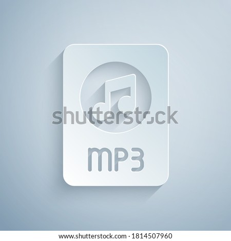 Paper cut MP3 file document. Download mp3 button icon isolated on grey background. Mp3 music format sign. MP3 file symbol. Paper art style. Vector.