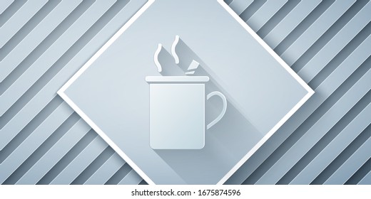 Paper cut Mulled wine with glass of drink and ingredients icon isolated on grey background. Cinnamon stick, clove, lemon slice. Paper art style. Vector Illustration