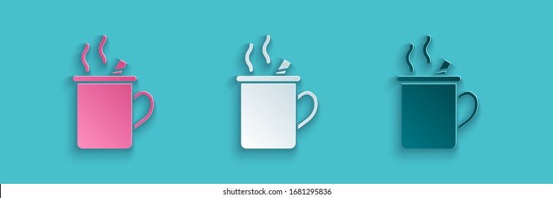Paper cut Mulled wine with glass of drink and ingredients icon isolated on blue background. Cinnamon stick, clove, lemon slice. Paper art style. Vector Illustration