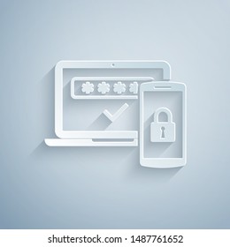 Paper Cut Multi Factor, Two Steps Authentication Icon Isolated On Grey Background. Paper Art Style. Vector Illustration