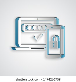 Paper cut Multi factor, two steps authentication icon isolated on grey background. Paper art style. Vector Illustration