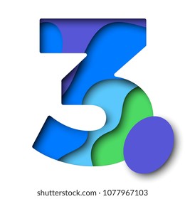 paper cut multicolor number 3 with realistic 3d layers for greeting cards, posters, invitations, brochures