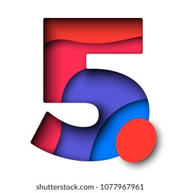 paper cut multicolor number 5 with realistic 3d layers for greeting cards, posters, invitations, brochures