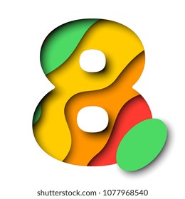 paper cut multicolor number 8 with realistic 3d layers for greeting cards, posters, invitations, brochures