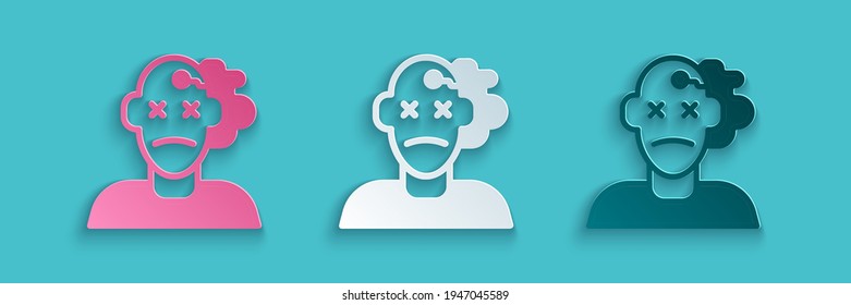 Cortado de papel Icono de asesinato aislado en fondo azul. Cuerpo, sangrado, cadáver, icono de sangrado. Concepto de escena del crimen. Estilo de arte de papel. Vector
