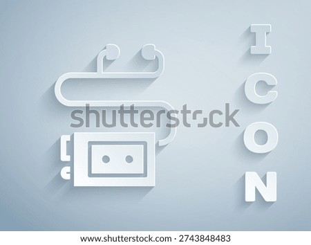 Paper cut Museum audio guide icon isolated on grey background. Headphones for excursions. Paper art style. Vector