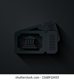 Paper cut Museum ticket icon isolated on black background. History museum ticket coupon event admit exhibition excursion. Paper art style. Vector Illustration