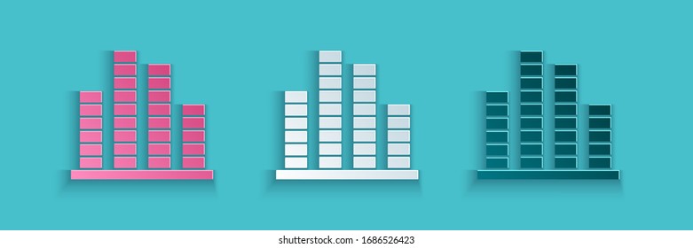 Paper cut Music equalizer icon isolated on blue background. Sound wave. Audio digital equalizer technology, console panel, pulse musical. Paper art style. Vector Illustration