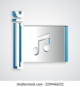 Paper cut Music festival, access, flag, music note icon isolated on grey background. Paper art style. Vector