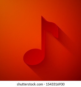 Paper cut Music note, tone icon isolated on red background. Paper art style. Vector Illustration