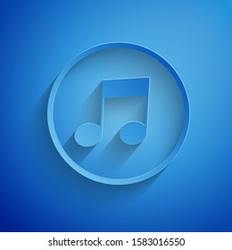 Paper cut Music note, tone icon isolated on blue background. Paper art style. Vector Illustration