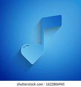 Paper cut Music note, tone with hearts icon isolated on blue background. Valentines day. Paper art style. Vector Illustration