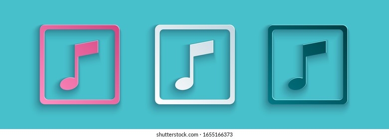 Paper cut Music note, tone icon isolated on blue background. Paper art style. Vector Illustration