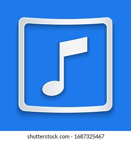 Paper cut Music note, tone icon isolated on blue background. Paper art style. Vector Illustration