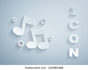 Paper cut Music note, tone icon isolated on grey background. Paper art style. Vector