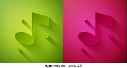 Paper cut Music note, tone icon isolated on green and pink background. Paper art style. Vector