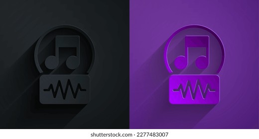 Paper cut Music note, tone icon isolated on black on purple background. Paper art style. Vector