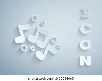 Paper cut Music note, tone icon isolated on grey background. Paper art style. Vector
