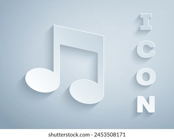 Paper cut Music note, tone icon isolated on grey background. Paper art style. Vector