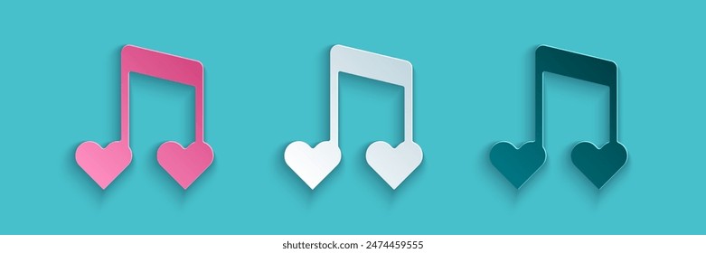 Paper cut Music note, tone with hearts icon isolated on blue background. Happy Valentines day. Paper art style. Vector