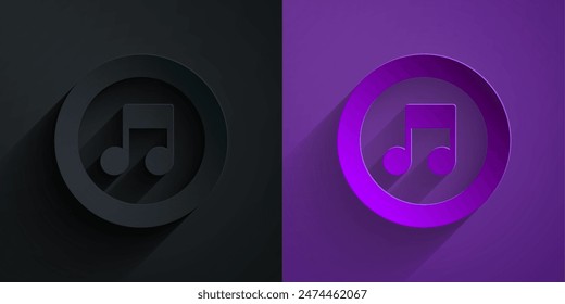 Paper cut Music note, tone icon isolated on black on purple background. Paper art style. Vector