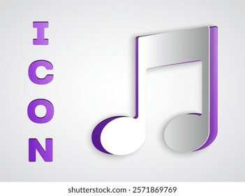 Paper cut Music note, tone icon isolated on grey background. Paper art style. Vector Illustration