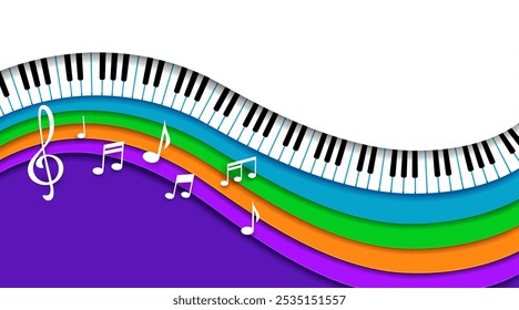 Paper cut music piano. Vector background for concert invitation or classic musical festival performance promo, featuring vibrant 3d papercut layered waves, musical notes, treble clef and piano keys