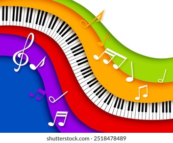 Piano de música de corte de papel. Fondo vibrante con coloridas ondas de papercut de Vector en 3D, notas musicales, clave de agudos y teclas de piano para invitación a conciertos o promoción de actuación de festival musical clásico