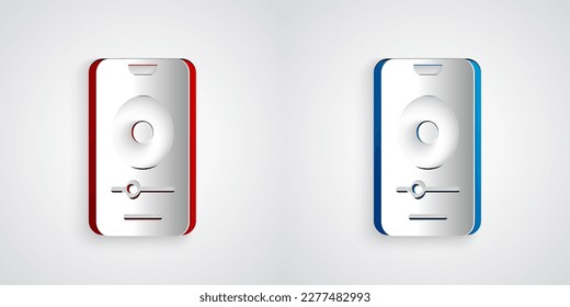 Paper cut Music player icon isolated on grey background. Portable music device. Paper art style. Vector