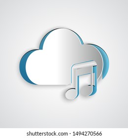 Paper cut Music streaming service icon isolated on grey background. Sound cloud computing, online media streaming, online song, audio wave. Paper art style. Vector Illustration