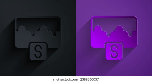 Paper cut Music wave equalizer icon isolated on black on purple background. Sound wave. Audio digital equalizer technology, console panel, pulse musical. Paper art style. Vector