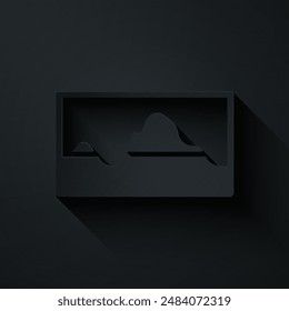 Papier geschnitten Music Wave Equalizer-Symbol auf schwarzem Hintergrund isoliert. Schallwelle. Audio Digital Equalizer-Technologie, Konsolenpanel, musikalischer Puls. Papierkunststil. Vektorgrafik