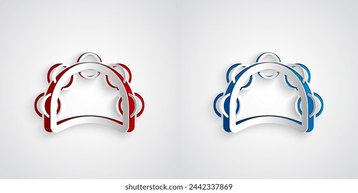 Paper cut Musical instrument percussion tambourine, with metal plates icon isolated on grey background. Paper art style. Vector