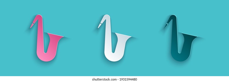 Papier geschnitten Musikinstrument Saxophon Symbol einzeln auf blauem Hintergrund. Kunststil aus Papier. Vektorgrafik