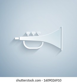 Paper cut Musical instrument trumpet icon isolated on grey background. Paper art style. Vector Illustration