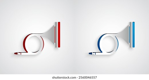 Paper cut Musical instrument trumpet icon isolated on grey background. Paper art style. Vector