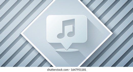 Paper cut Musical note in speech bubble icon isolated on grey background. Music and sound concept. Paper art style. Vector Illustration
