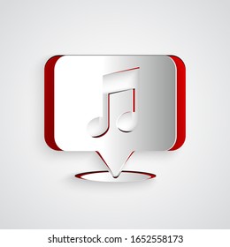 Paper cut Musical note in speech bubble icon isolated on grey background. Music and sound concept. Paper art style. Vector Illustration