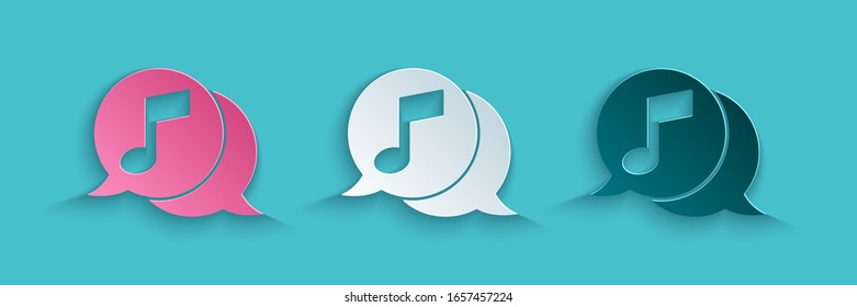 Paper cut Musical note in speech bubble icon isolated on blue background. Music and sound concept. Paper art style. Vector Illustration