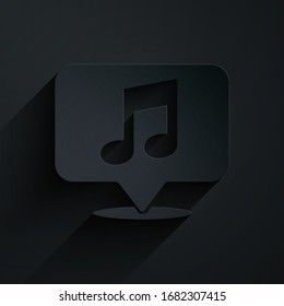 Paper cut Musical note in speech bubble icon isolated on black background. Music and sound concept. Paper art style. Vector Illustration